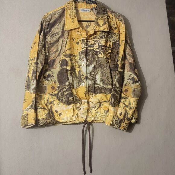 Vintage Yellow Rhinestone Cat Jacket Women's XL Denim w Drawstring Waist Unique - Picture 12 of 12